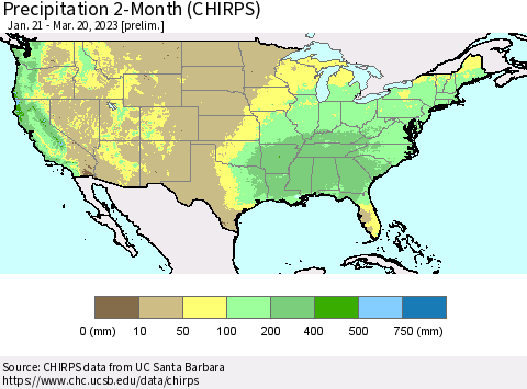 United States Precipitation 2-Month (CHIRPS) Thematic Map For 1/21/2023 - 3/20/2023