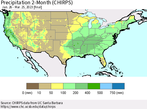 United States Precipitation 2-Month (CHIRPS) Thematic Map For 1/26/2023 - 3/25/2023
