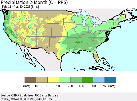 United States Precipitation 2-Month (CHIRPS) Thematic Map For 2/11/2023 - 4/10/2023