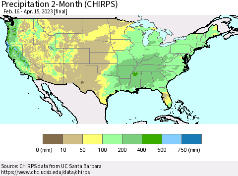 United States Precipitation 2-Month (CHIRPS) Thematic Map For 2/16/2023 - 4/15/2023