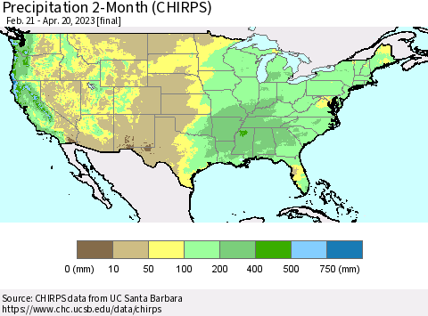 United States Precipitation 2-Month (CHIRPS) Thematic Map For 2/21/2023 - 4/20/2023