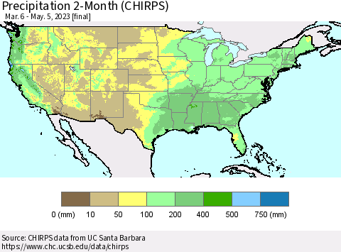 United States Precipitation 2-Month (CHIRPS) Thematic Map For 3/6/2023 - 5/5/2023