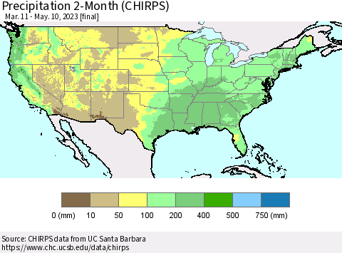 United States Precipitation 2-Month (CHIRPS) Thematic Map For 3/11/2023 - 5/10/2023