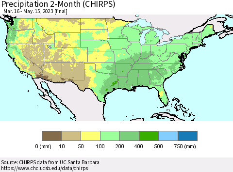 United States Precipitation 2-Month (CHIRPS) Thematic Map For 3/16/2023 - 5/15/2023
