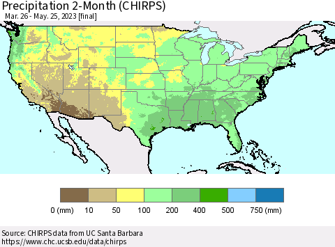 United States Precipitation 2-Month (CHIRPS) Thematic Map For 3/26/2023 - 5/25/2023