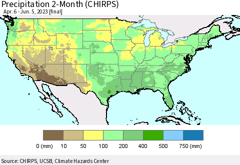 United States Precipitation 2-Month (CHIRPS) Thematic Map For 4/6/2023 - 6/5/2023