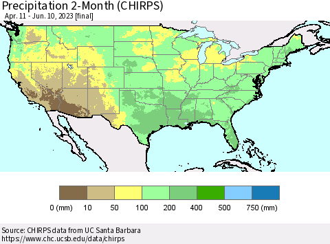 United States Precipitation 2-Month (CHIRPS) Thematic Map For 4/11/2023 - 6/10/2023