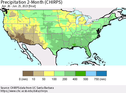 United States Precipitation 2-Month (CHIRPS) Thematic Map For 4/26/2023 - 6/25/2023
