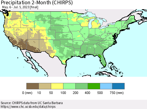 United States Precipitation 2-Month (CHIRPS) Thematic Map For 5/6/2023 - 7/5/2023