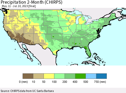 United States Precipitation 2-Month (CHIRPS) Thematic Map For 5/11/2023 - 7/10/2023