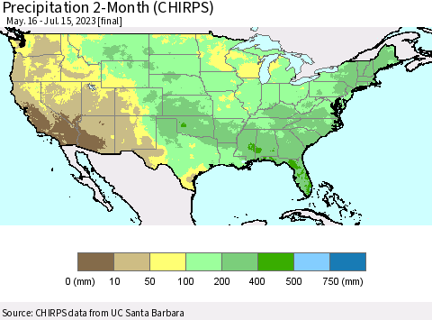 United States Precipitation 2-Month (CHIRPS) Thematic Map For 5/16/2023 - 7/15/2023
