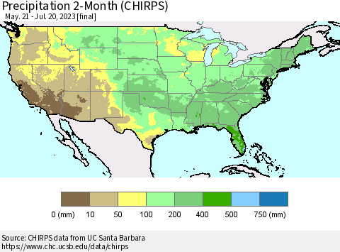 United States Precipitation 2-Month (CHIRPS) Thematic Map For 5/21/2023 - 7/20/2023