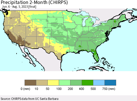 United States Precipitation 2-Month (CHIRPS) Thematic Map For 6/6/2023 - 8/5/2023