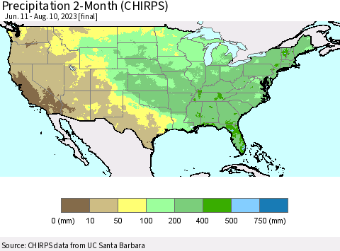 United States Precipitation 2-Month (CHIRPS) Thematic Map For 6/11/2023 - 8/10/2023