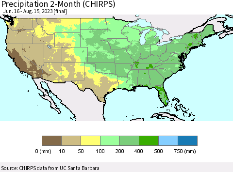 United States Precipitation 2-Month (CHIRPS) Thematic Map For 6/16/2023 - 8/15/2023
