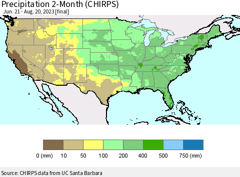 United States Precipitation 2-Month (CHIRPS) Thematic Map For 6/21/2023 - 8/20/2023