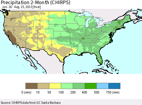 United States Precipitation 2-Month (CHIRPS) Thematic Map For 6/26/2023 - 8/25/2023