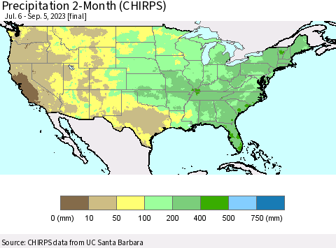 United States Precipitation 2-Month (CHIRPS) Thematic Map For 7/6/2023 - 9/5/2023