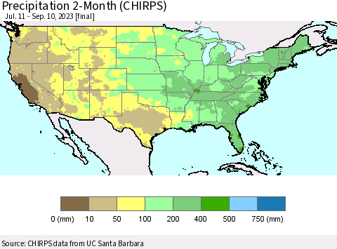 United States Precipitation 2-Month (CHIRPS) Thematic Map For 7/11/2023 - 9/10/2023