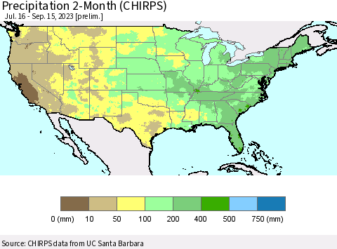 United States Precipitation 2-Month (CHIRPS) Thematic Map For 7/16/2023 - 9/15/2023