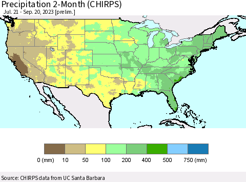 United States Precipitation 2-Month (CHIRPS) Thematic Map For 7/21/2023 - 9/20/2023