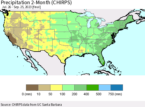 United States Precipitation 2-Month (CHIRPS) Thematic Map For 7/26/2023 - 9/25/2023