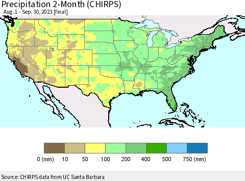 United States Precipitation 2-Month (CHIRPS) Thematic Map For 8/1/2023 - 9/30/2023