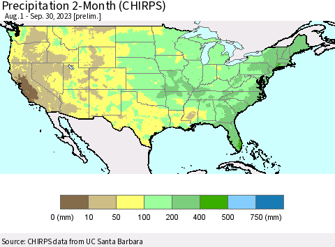 United States Precipitation 2-Month (CHIRPS) Thematic Map For 8/1/2023 - 9/30/2023