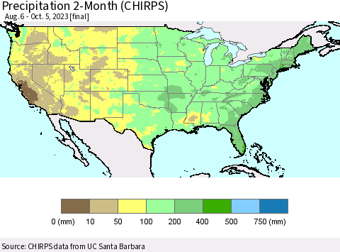 United States Precipitation 2-Month (CHIRPS) Thematic Map For 8/6/2023 - 10/5/2023