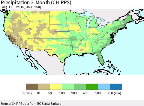 United States Precipitation 2-Month (CHIRPS) Thematic Map For 8/11/2023 - 10/10/2023