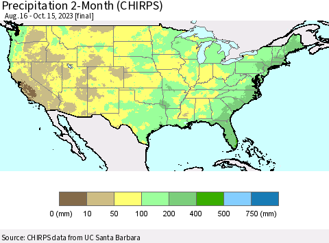 United States Precipitation 2-Month (CHIRPS) Thematic Map For 8/16/2023 - 10/15/2023