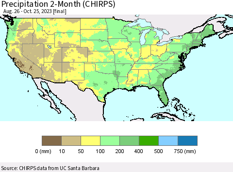 United States Precipitation 2-Month (CHIRPS) Thematic Map For 8/26/2023 - 10/25/2023