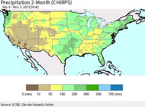 United States Precipitation 2-Month (CHIRPS) Thematic Map For 9/6/2023 - 11/5/2023