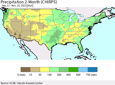 United States Precipitation 2-Month (CHIRPS) Thematic Map For 9/11/2023 - 11/10/2023