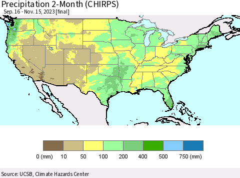 United States Precipitation 2-Month (CHIRPS) Thematic Map For 9/16/2023 - 11/15/2023