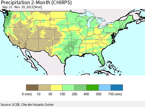 United States Precipitation 2-Month (CHIRPS) Thematic Map For 9/21/2023 - 11/20/2023