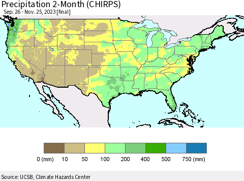 United States Precipitation 2-Month (CHIRPS) Thematic Map For 9/26/2023 - 11/25/2023