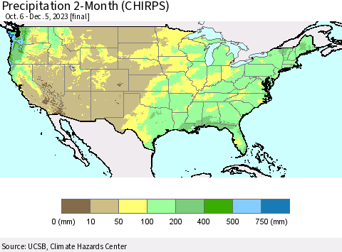 United States Precipitation 2-Month (CHIRPS) Thematic Map For 10/6/2023 - 12/5/2023