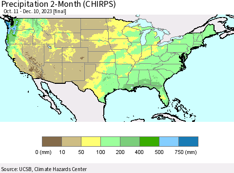 United States Precipitation 2-Month (CHIRPS) Thematic Map For 10/11/2023 - 12/10/2023