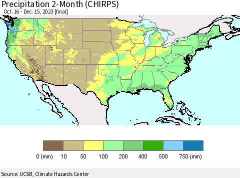 United States Precipitation 2-Month (CHIRPS) Thematic Map For 10/16/2023 - 12/15/2023