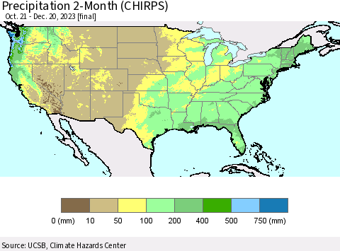 United States Precipitation 2-Month (CHIRPS) Thematic Map For 10/21/2023 - 12/20/2023
