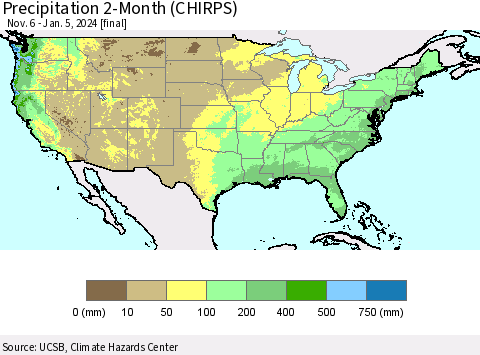 United States Precipitation 2-Month (CHIRPS) Thematic Map For 11/6/2023 - 1/5/2024