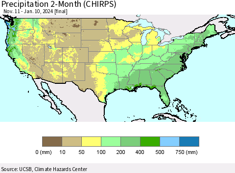 United States Precipitation 2-Month (CHIRPS) Thematic Map For 11/11/2023 - 1/10/2024