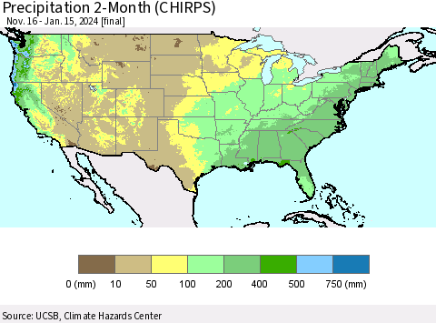 United States Precipitation 2-Month (CHIRPS) Thematic Map For 11/16/2023 - 1/15/2024