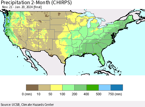 United States Precipitation 2-Month (CHIRPS) Thematic Map For 11/21/2023 - 1/20/2024