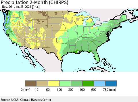 United States Precipitation 2-Month (CHIRPS) Thematic Map For 11/26/2023 - 1/25/2024