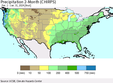United States Precipitation 2-Month (CHIRPS) Thematic Map For 12/1/2023 - 1/31/2024