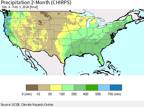 United States Precipitation 2-Month (CHIRPS) Thematic Map For 12/6/2023 - 2/5/2024