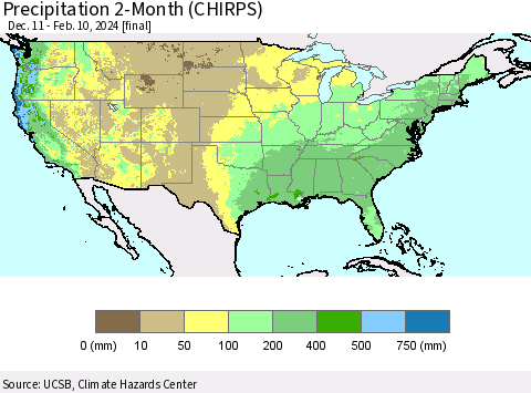 United States Precipitation 2-Month (CHIRPS) Thematic Map For 12/11/2023 - 2/10/2024