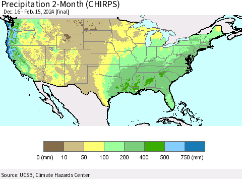 United States Precipitation 2-Month (CHIRPS) Thematic Map For 12/16/2023 - 2/15/2024